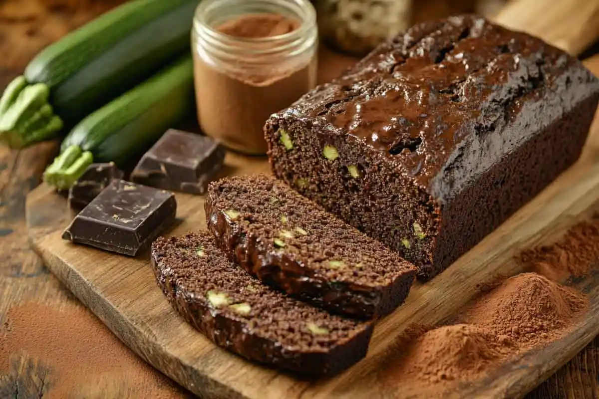 A sliced loaf of sourdough chocolate zucchini bread with visible chocolate chunks and zucchini.