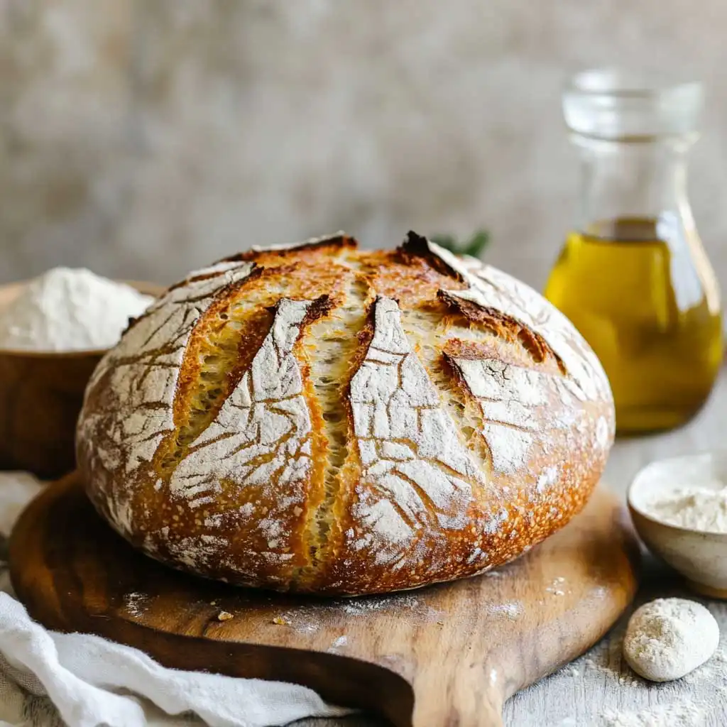 Freshly baked sourdough discard bread with slices showing its airy crumb and soft texture.