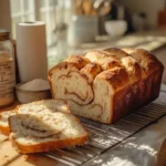 Freshly baked sourdough discard cinnamon bread with visible cinnamon swirls, set in a cozy kitchen scene.