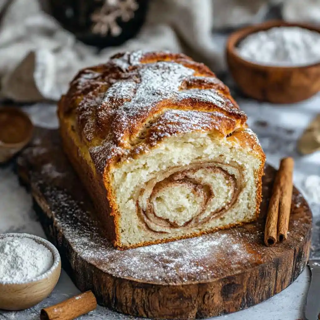A sliced loaf of sourdough discard cinnamon bread with visible cinnamon swirls and a dusting of powdered sugar.