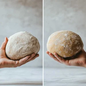 A glass jar of bubbly sourdough discard with a wooden spoon on a floured countertop.