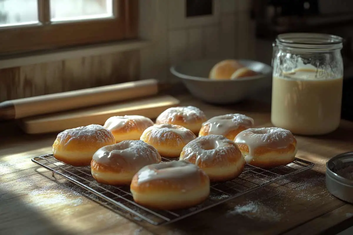 Freshly fried sourdough donuts cooling on a rack, some glazed and others dusted with cinnamon sugar.