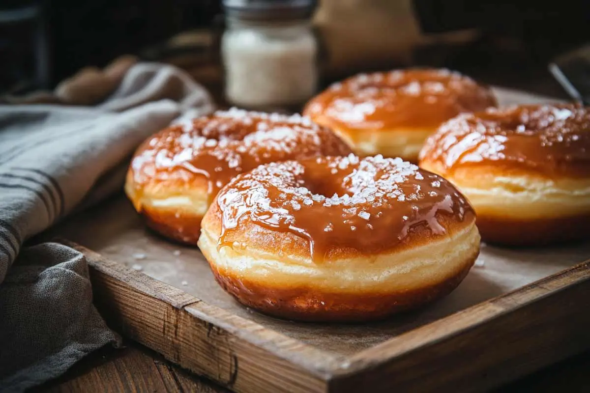 Close-up of golden sourdough donuts with salted caramel glaze and flaky sea salt.