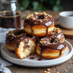 Golden-brown sourdough donuts on a white ceramic plate with chocolate glaze and crushed nuts.