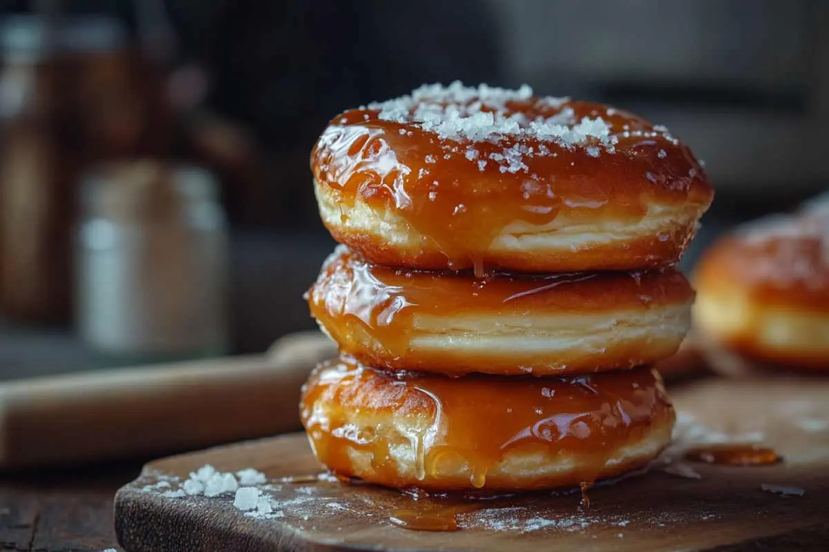 Freshly made sourdough donuts with salted caramel glaze dripping down.