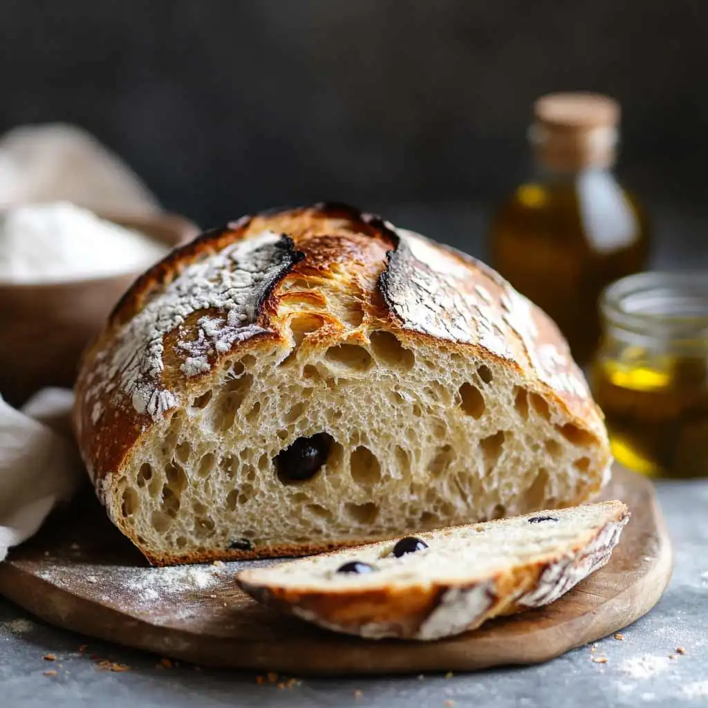 A sliced loaf of sourdough einkorn bread with a golden crust and airy crumb, revealing olive pieces inside.