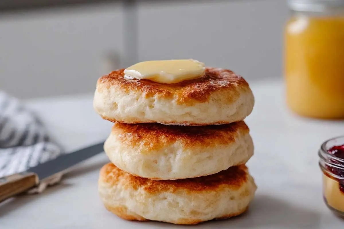 Freshly baked sourdough English muffins with melting butter on a white marble counter