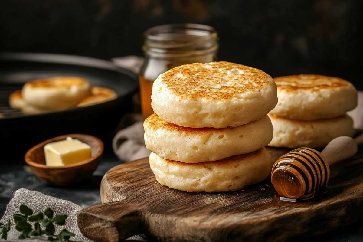 A stack of golden sourdough English muffins on a wooden board with butter and sourdough starter nearby.