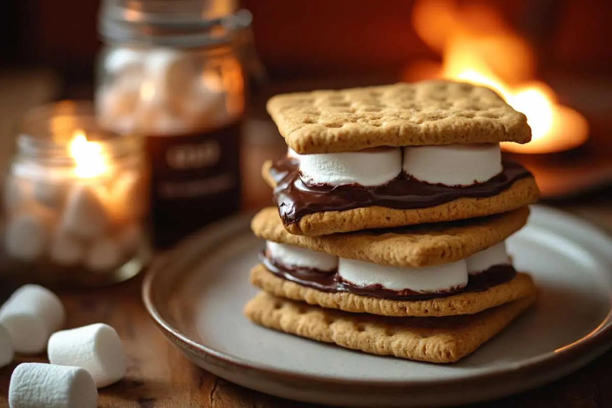 Sourdough-Graham-Crackers-Smores-Setup Sourdough discard graham crackers with a partially assembled s’more featuring melted chocolate and marshmallow.