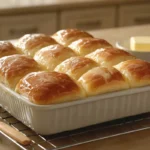 Freshly baked sourdough Hawaiian rolls cooling on a wire rack with a butter glaze.