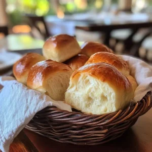 A basket of golden sourdough Hawaiian rolls with one torn open to show its fluffy interior.