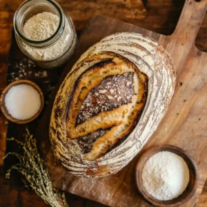 A golden sourdough loaf with its simple ingredients: flour, starter, and salt on a rustic cutting board.