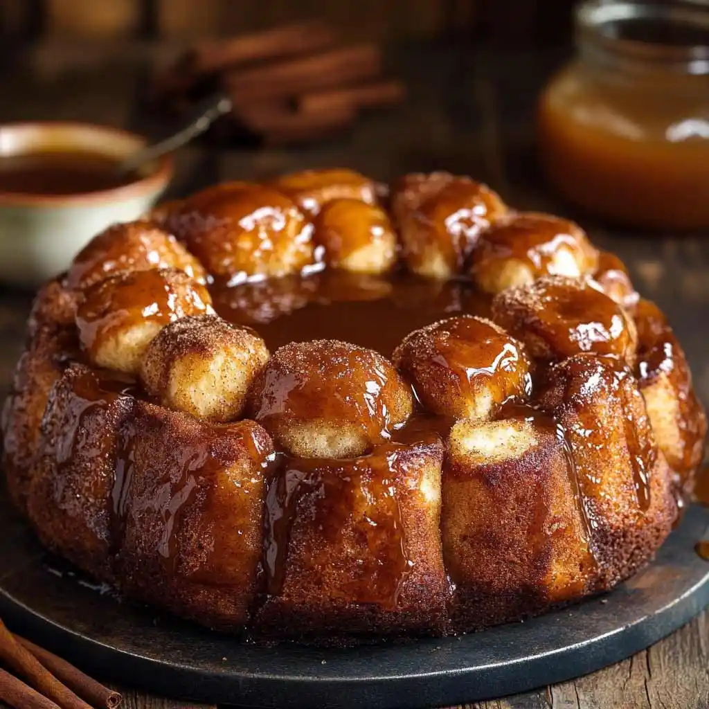 Freshly baked sourdough monkey bread glazed with caramel sauce on a wooden table.