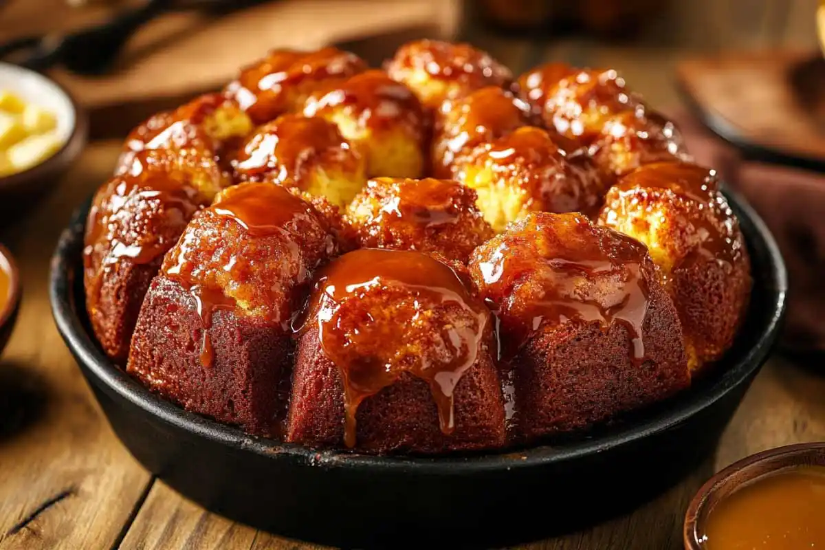 Freshly baked sourdough monkey bread in a Bundt pan with caramel glaze and cinnamon sugar.