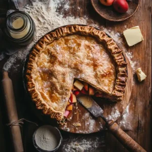 A freshly baked sourdough pie with a golden flaky crust, filled with fruit, and surrounded by key ingredients like flour, butter, and sourdough starter.