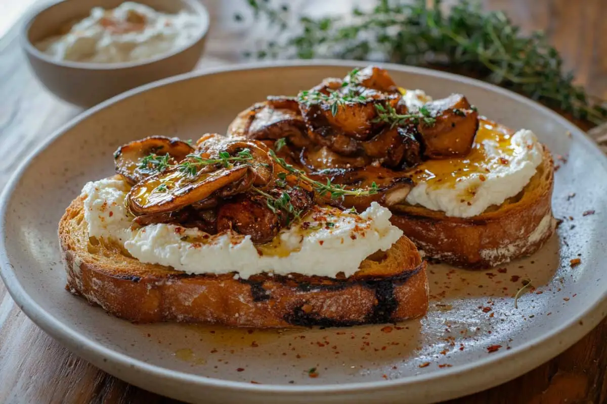 Two slices of sourdough toast topped with ricotta and golden sautéed mushrooms, garnished with thyme and chili flakes.