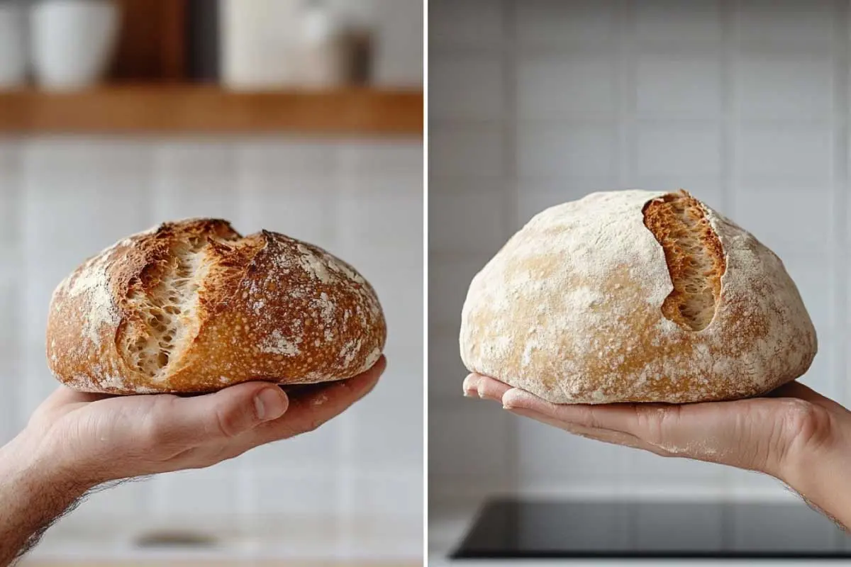 Sourdough-Vs-Regular-Dough A hand stretching two doughs: one regular, one fermented sourdough, showing gluten differences.