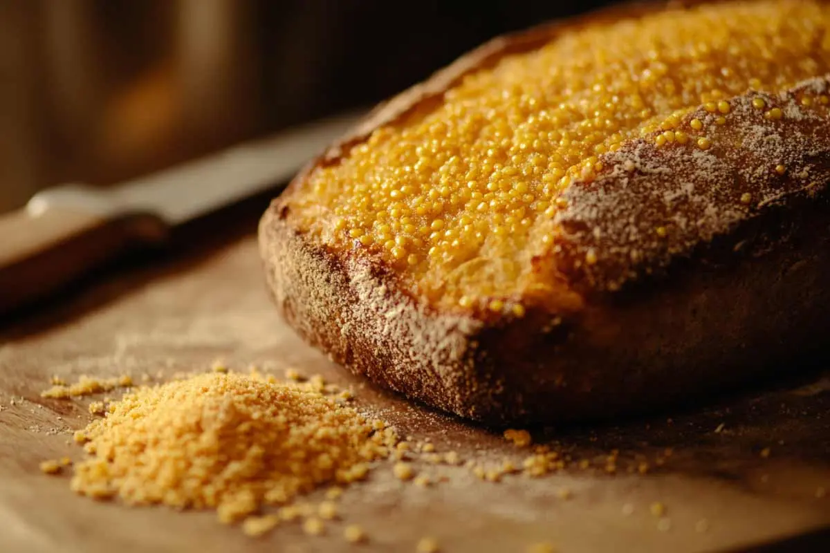 A freshly baked sourdough loaf with a cornmeal-dusted crust on a wooden cutting board.