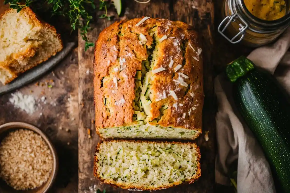 Sourdough zucchini bread loaf sliced open to reveal moist interior, surrounded by ingredients.