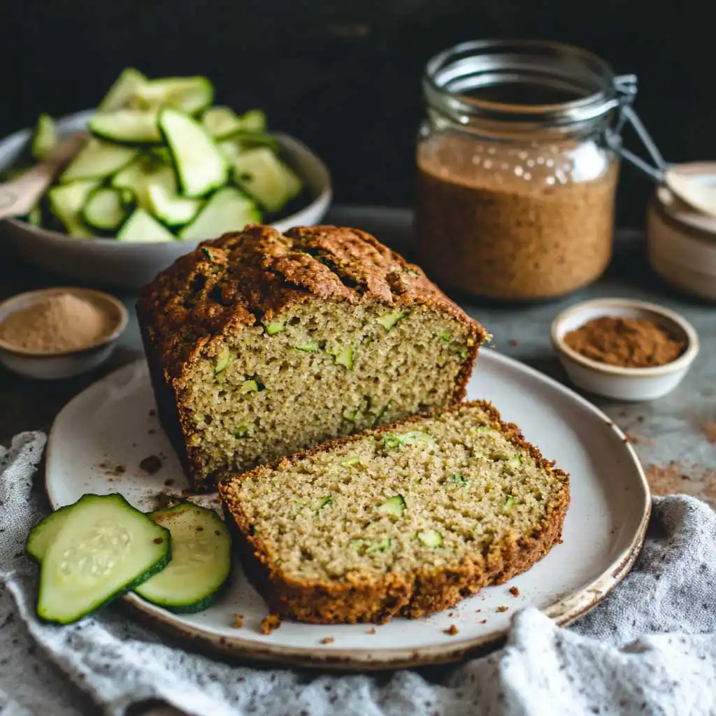 Sliced sourdough zucchini bread with visible green zucchini and golden crust, surrounded by ingredients.