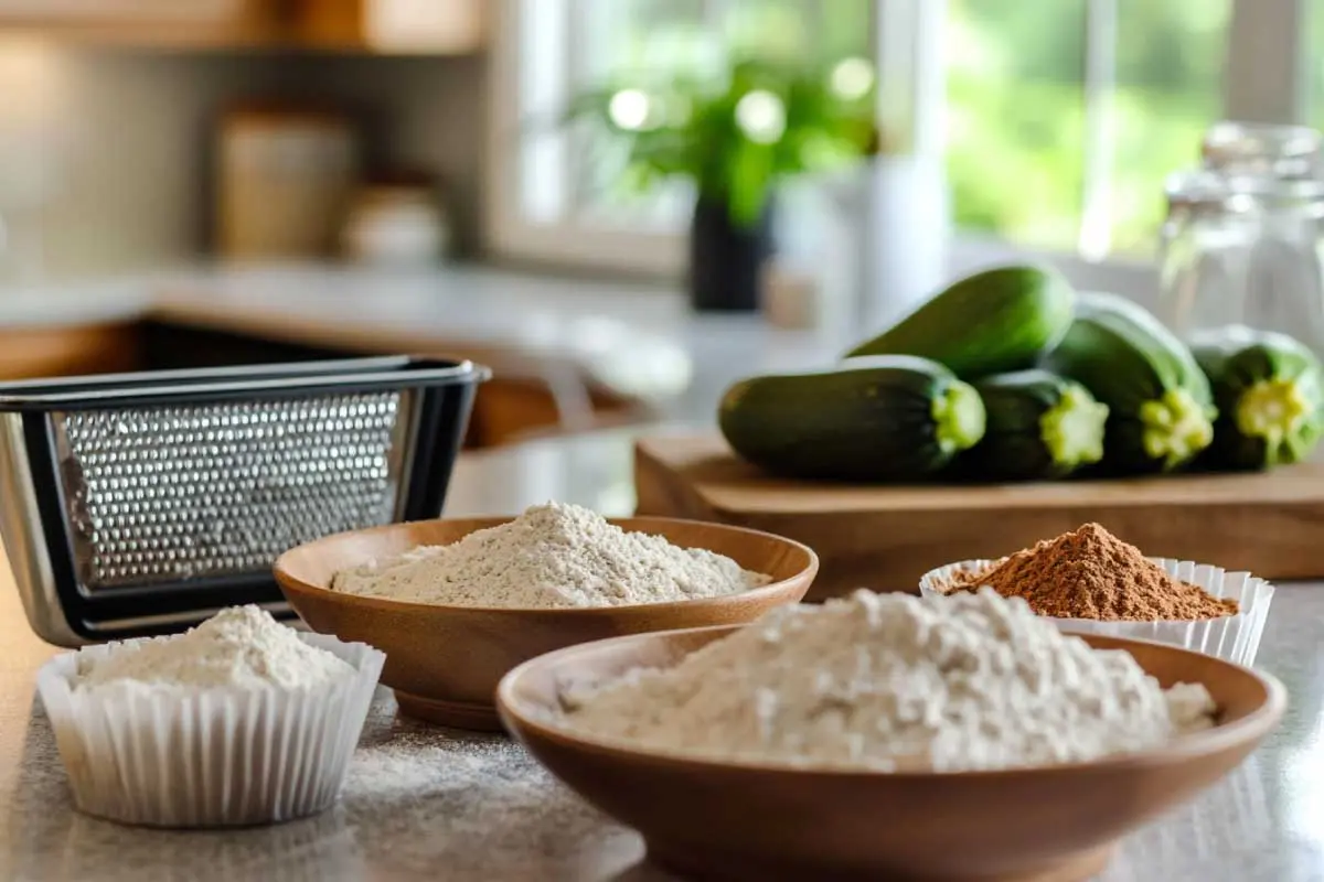 Ingredients for sourdough zucchini muffins prepared for baking.