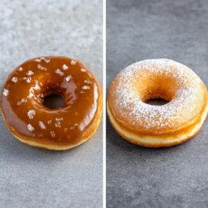 A comparison of a sourdough donut with salted caramel glaze and a regular yeast donut with powdered sugar.