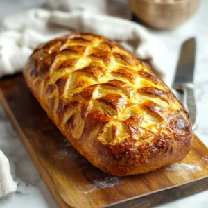 Home 28 A golden sourdough loaf with intricate scoring on a wooden board.