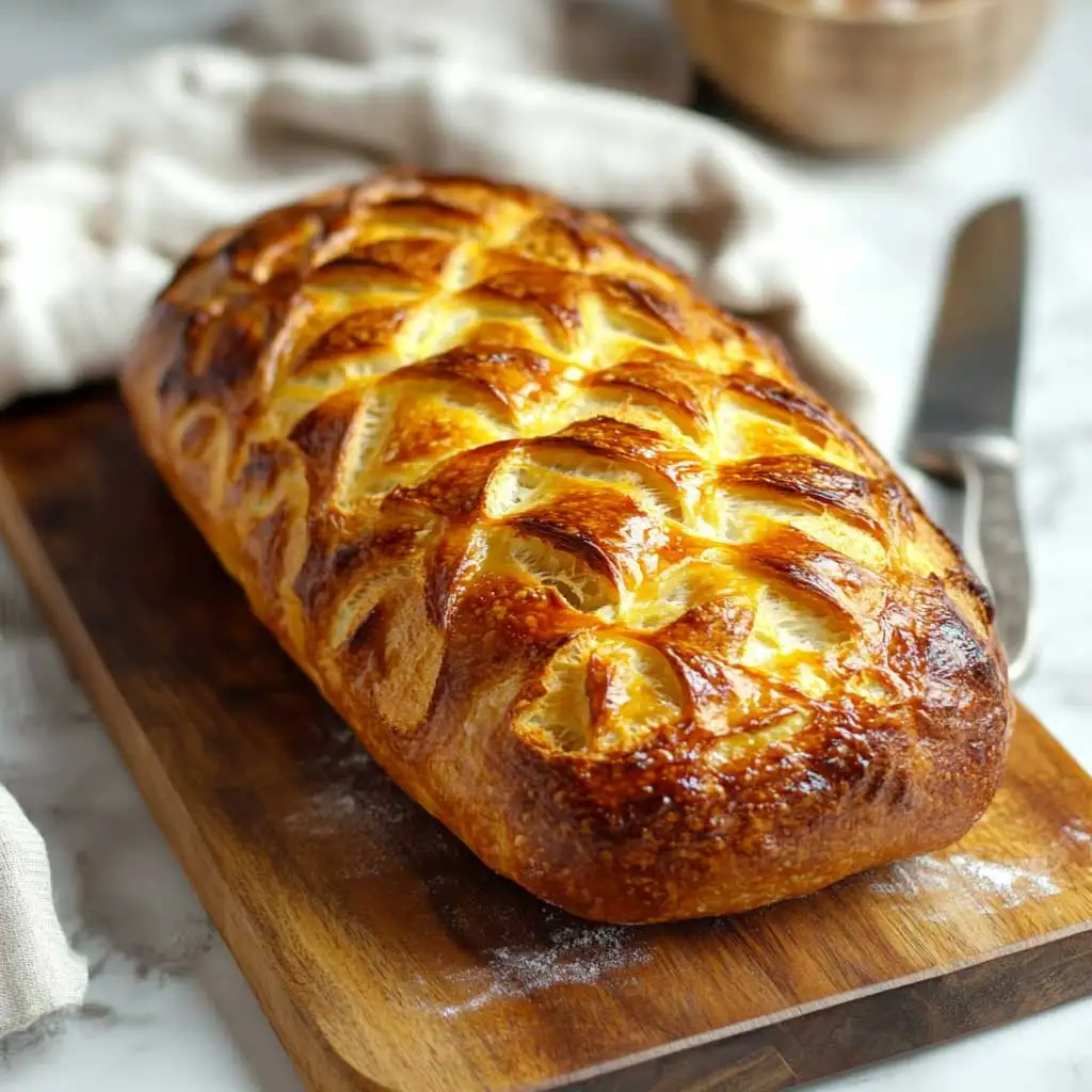 A golden sourdough loaf with intricate scoring on a wooden board.