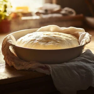 A covered bowl of sourdough dough on a wooden countertop, with a thermometer showing 75°F.