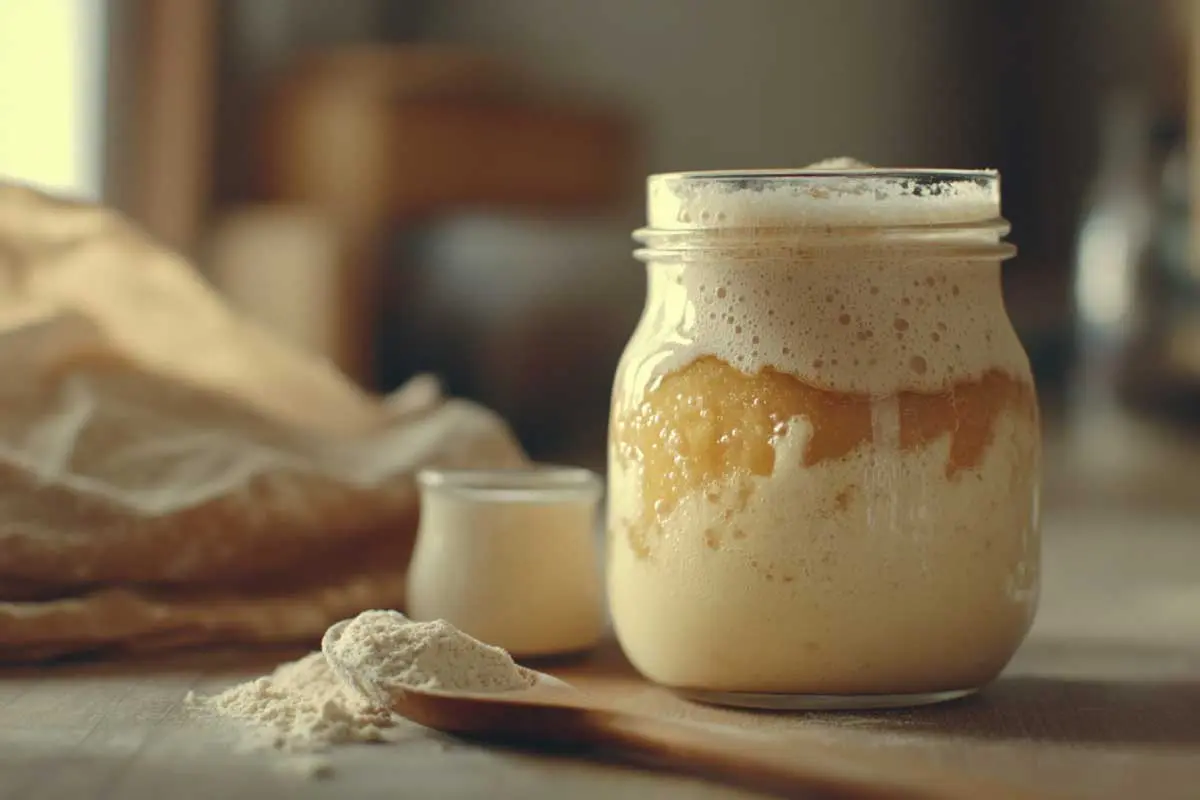 bubbly-sourdough-starter How to store sourdough starter. A glass jar of bubbly sourdough starter on a rustic wooden countertop, with a wooden spoon and baking tools in the background.