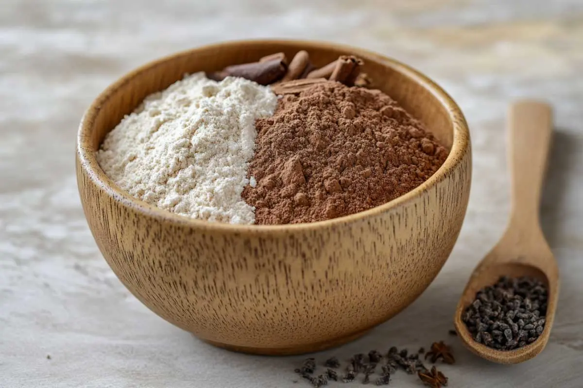 A mixing bowl containing dry ingredients for banana pancakes, with a wooden spoon beside it.