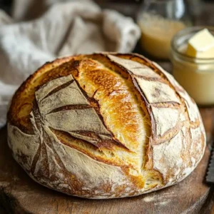 Home 27 A freshly baked sourdough loaf with a golden crust on a wooden cutting board, ready to be sliced.
