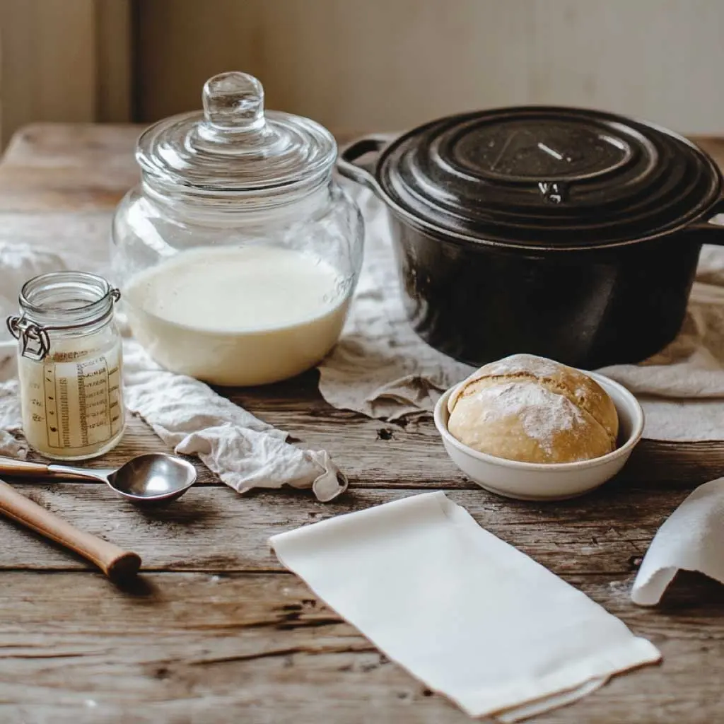 A collection of essential sourdough baking tools arranged on a wooden countertop.