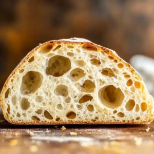 Lydia Grace – Creative Baking Developer 4 A close-up of a sliced sourdough loaf with an open crumb structure on a wooden surface.