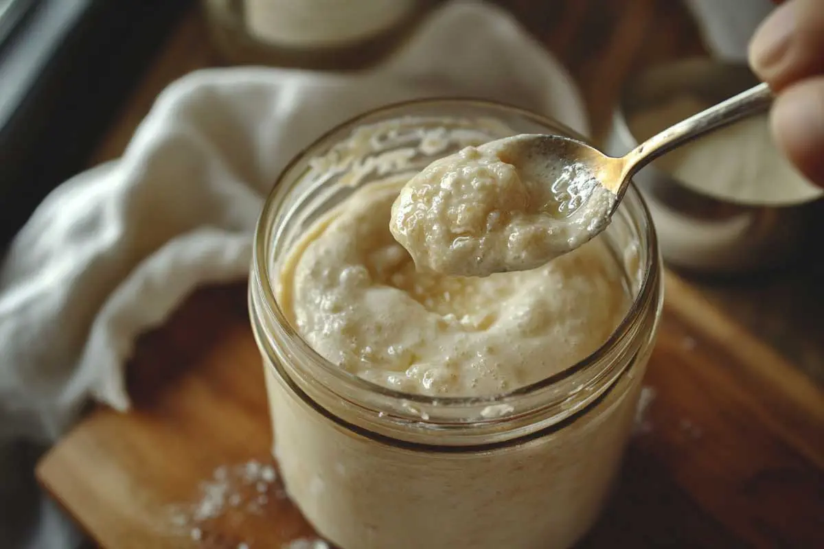 feeding-sourdough-starter Feeding a bubbly sourdough starter with bread flour and water.