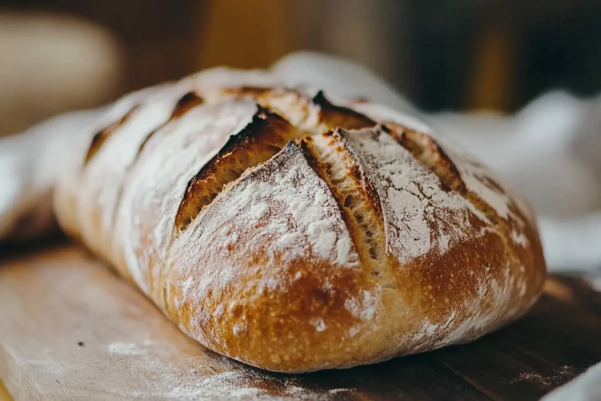 fresh-baked-sourdough-loaf A golden-brown artisan sourdough loaf with a crisp crust on a wooden cutting board. Is Sourdough Bread Vegan