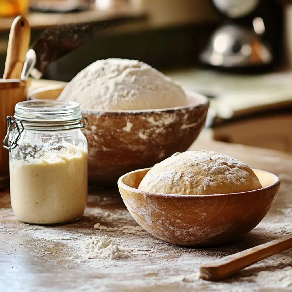 A cozy kitchen scene with a jar of sourdough starter, bowls of dough, and baking tools, showcasing a yeast recipe preparation.