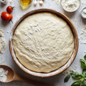 Lydia Grace – Creative Baking Developer 9 Freshly mixed sourdough pizza dough in a bowl, with ingredients spread around.