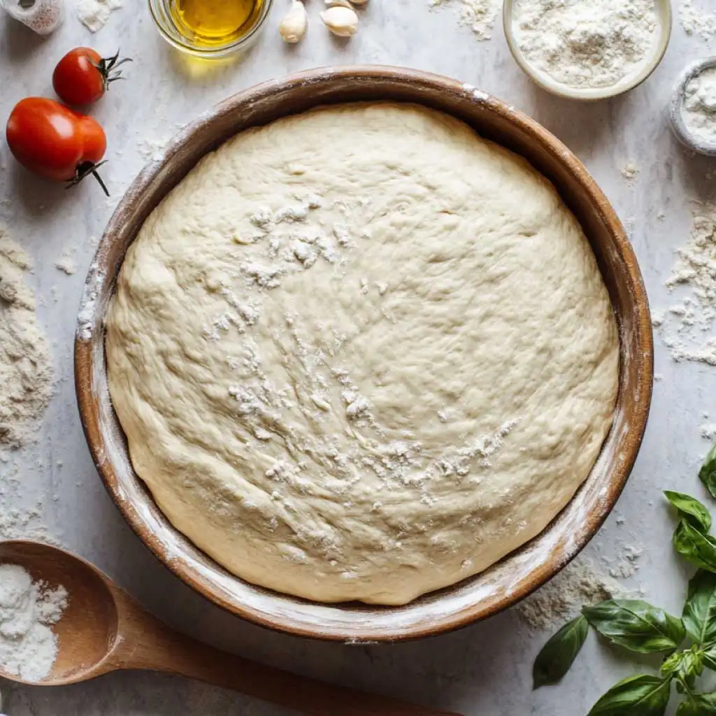 Freshly mixed sourdough pizza dough in a bowl, with ingredients spread around.