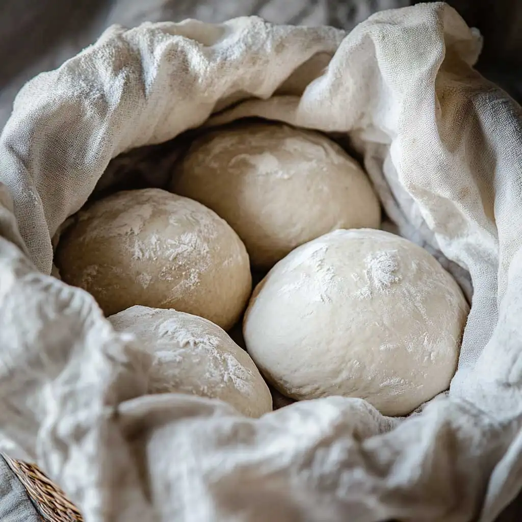 Freshly shaped sourdough boule on a wooden board.