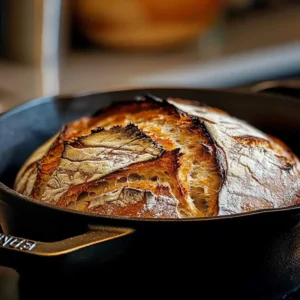 Freshly baked sourdough bread in a Dutch oven with a golden-brown crust.