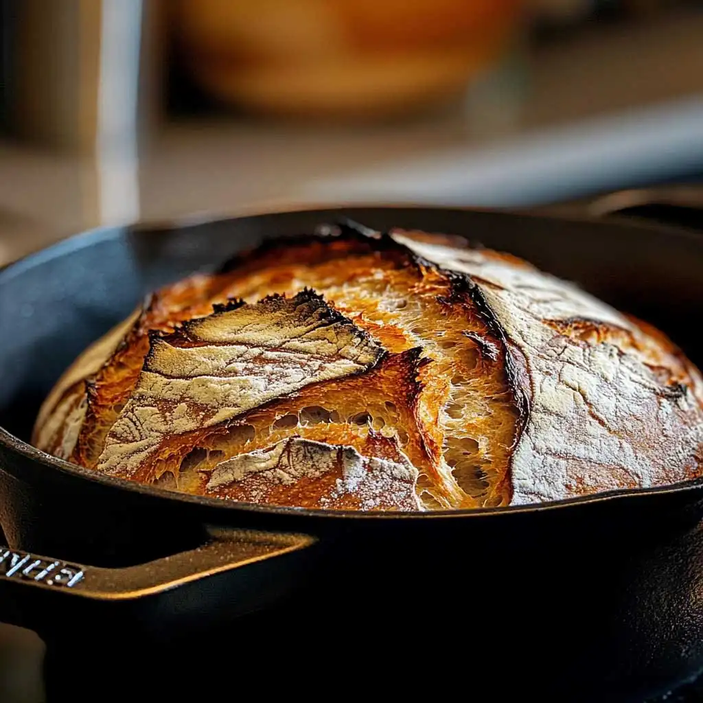 Freshly baked sourdough bread in a Dutch oven with a golden-brown crust.