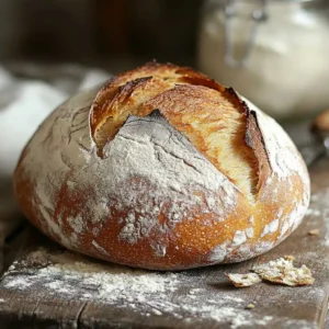 Golden sourdough loaf on a wooden cutting board with scattered flour and sourdough starter jar.