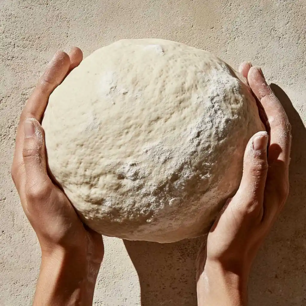 Hands performing stretch and fold technique on sourdough dough.