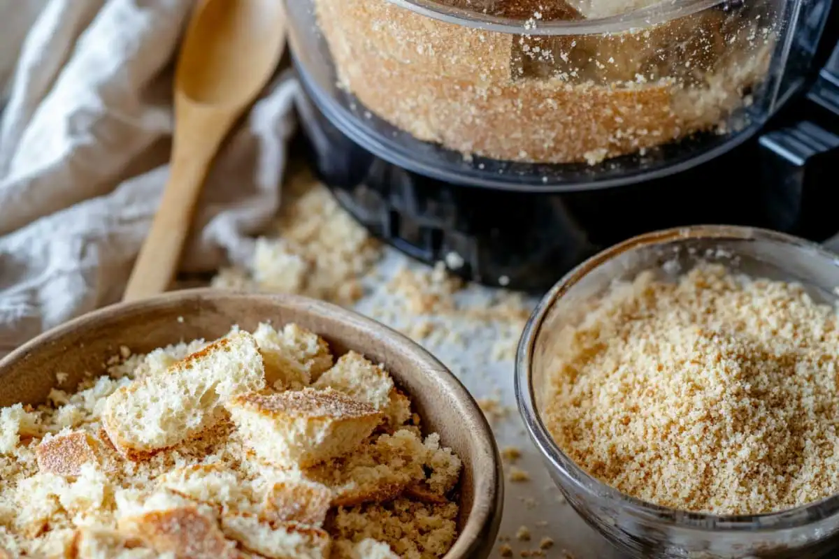 homemade-breadcrumbs-process Crumbled sourdough bread ready to be processed into breadcrumbs.