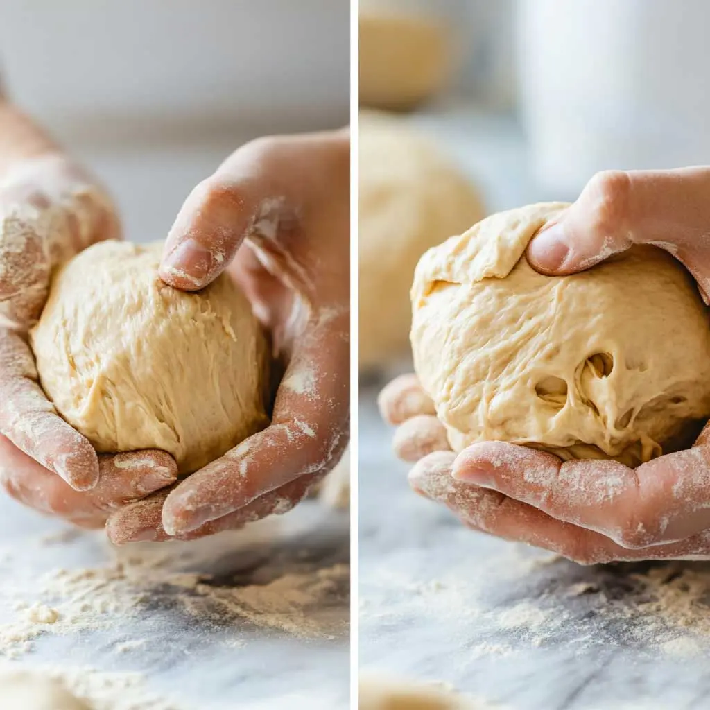 A close-up shot of sourdough dough being kneaded using the stretch-and-fold technique in a mixing bowl.