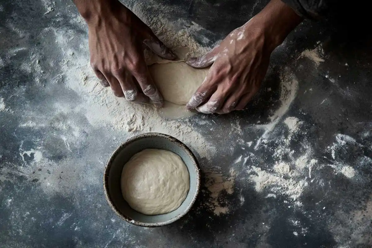 kneading-sourdough-dough-floured-surface Baker’s hands kneading sourdough dough on a floured surface with a bowl of starter nearby.