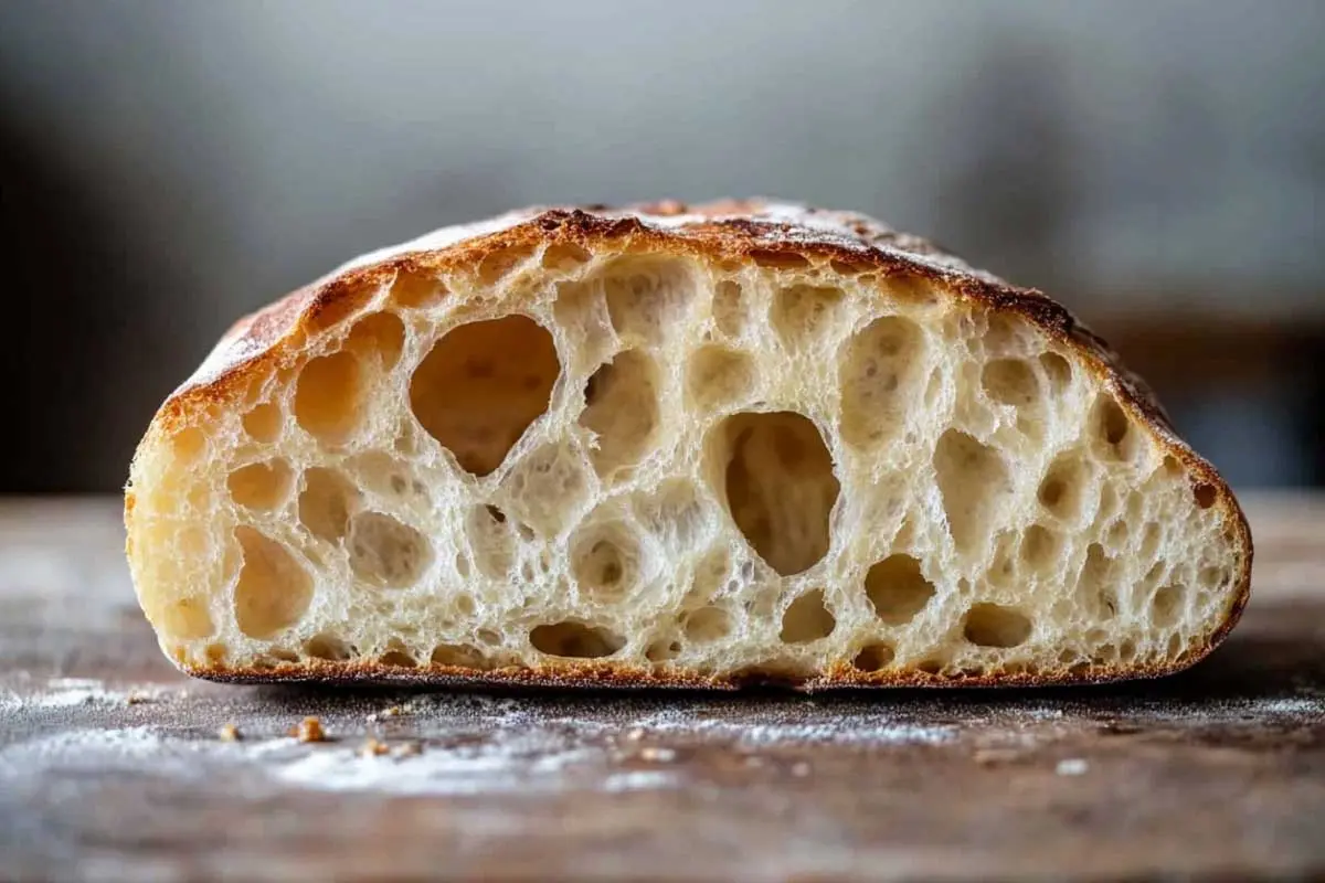 open-crumb-sourdough-loaf A sliced sourdough loaf with an open crumb structure, placed on a wooden cutting board.
