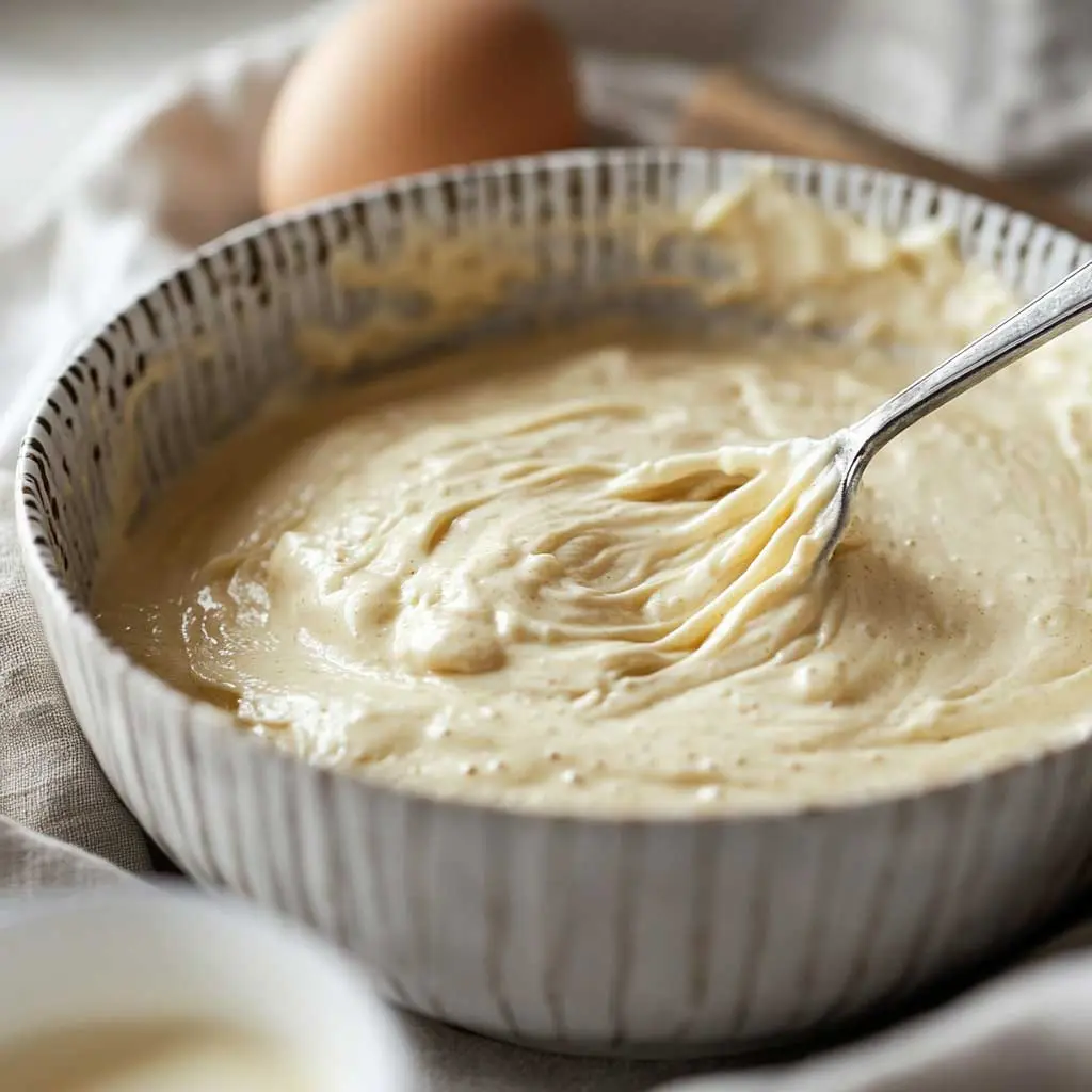 Close-up of freshly mixed pancake batter in a bowl with ingredients laid out.