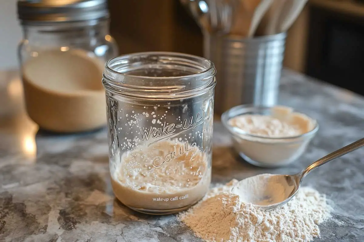 reviving-sourdough-starter A sourdough starter being mixed with rye flour to revive it.